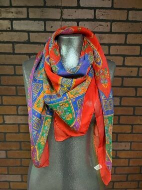 Longchamp Multicolor Geometric Silk Scarf with Red Border